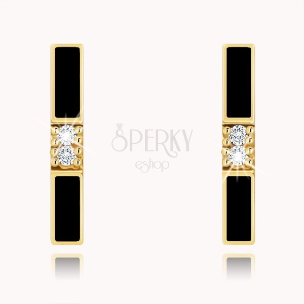 Earrings made of yellow 585 gold - bent strip with black enamel, clear zircons