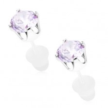 Earrings in 925 silver, shiny light violet zircon in mount, 5 mm