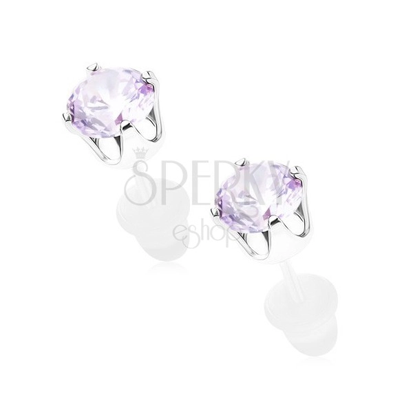Earrings in 925 silver, shiny light violet zircon in mount, 5 mm