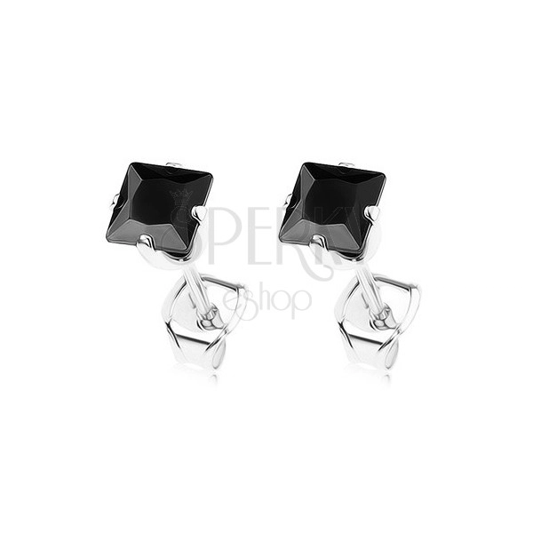 925 silver earrings, sparkly square made of black zircon, 4 mm