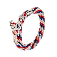 Plaited bracelet made of blue, red and two white strings, shiny anchor