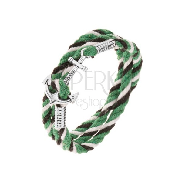 Bracelet made of strings in black, white and green colour, shiny anchor in silver colour