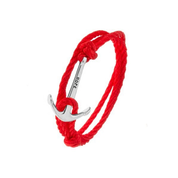 Red string wrap bracelet, anchor in silver colour with an inscription