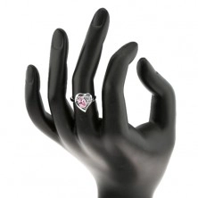 Ring in silver colour, heart contour with pink oval and clear zircons