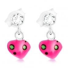 925 silver earrings, heart with pink glaze, Swarovski crystal