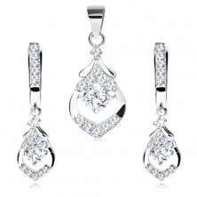 925 silver set - earrings and pendant, drop with cut-out, clear zircons