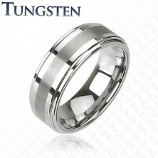 Tungsten ring in dark grey shiny hue, cut middle line, 8 mm