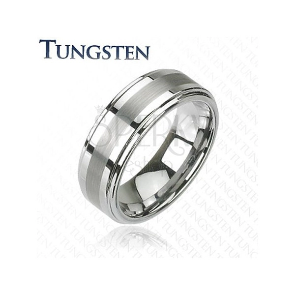 Tungsten ring in dark grey shiny hue, cut middle line, 8 mm