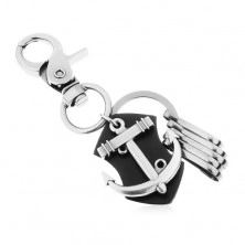 Keychain - steel-grey surface, black synthetic leather, shiny boat anchor