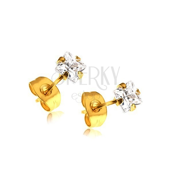Sparkly earrings - 316L steel, gold hue, square zircon in clear colour, studs
