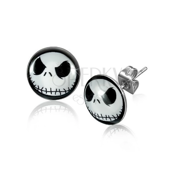 Stud earrings - surgical steel, round white skull with sewn mouth