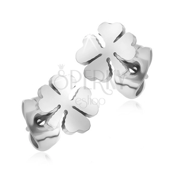 Shiny earrings made of 316L steel, shamrock in silver hue, studs