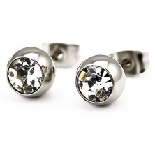 Steel earrings - ball with round zircon in clear colour, stud fastening
