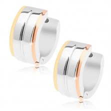 316L steel earrings, shiny line, three strips in gold, silver and copper colours