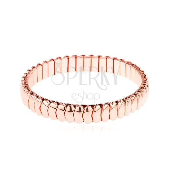 Steel bracelet in copper hue, glossy bent links, extensible