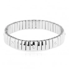 Steel stretchy bracelet, narrow and wider lengthwise links, clear zircons