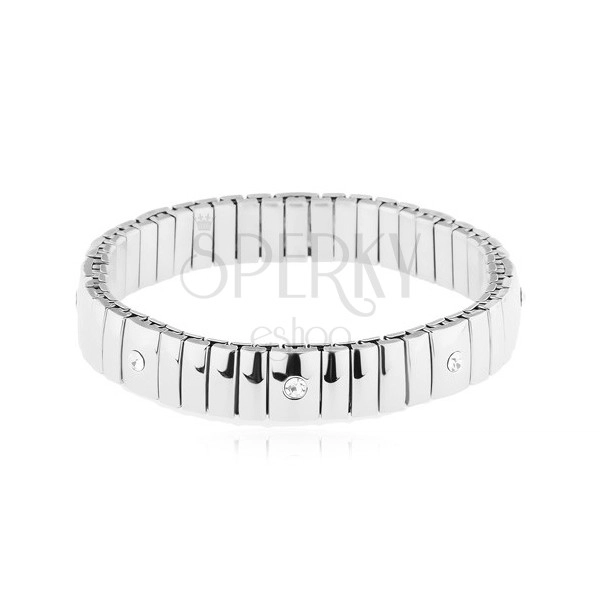 Steel stretchy bracelet, narrow and wider lengthwise links, clear zircons