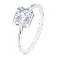 Engagement ring, 925 silver, clear zircon square with zircon border