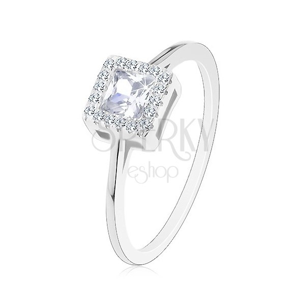Engagement ring, 925 silver, clear zircon square with zircon border