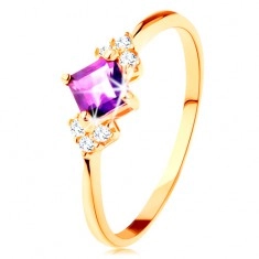 Ring in yellow 14K gold - violet amethyst square, clear zircons