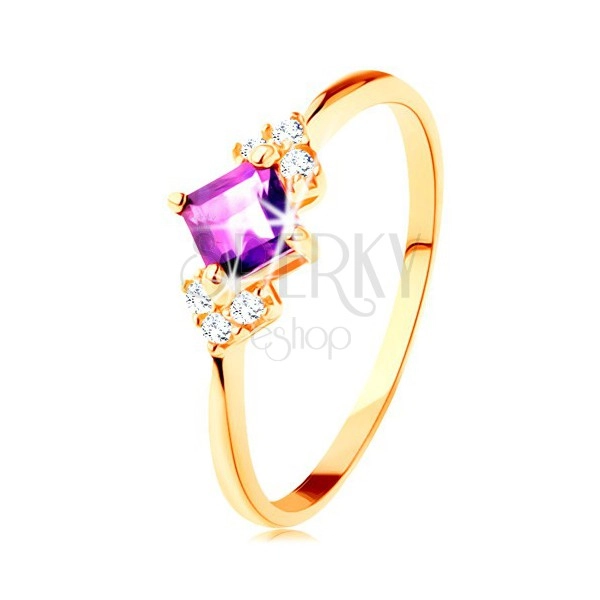 Ring in yellow 14K gold - violet amethyst square, clear zircons