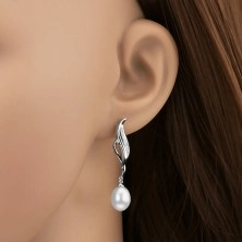 925 silver earrings, wavy leaf contour, dangling oval pearl in white colour