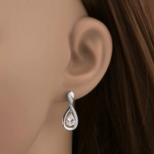 925 silver earrings, dangling teardrop contour, clear cut zircon