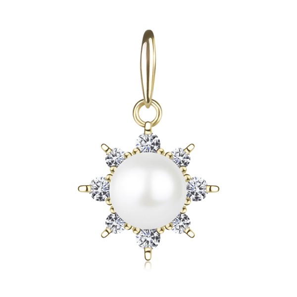 Pendant in yellow 14K gold - glossy sun, round pearl in white colour