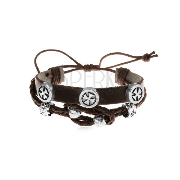 Leather bracelet in dark brown colour with steel decorations, Maltese crosses