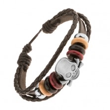 Adjustable bracelet made of synthetic leather strips, beads, steel skull with bones