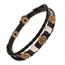 Black bracelet made of three leather strips, patinated roses, strings
