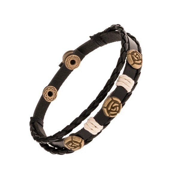 Black bracelet made of three leather strips, patinated roses, strings