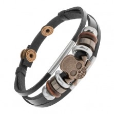 Bracelet of leather strips with beads made of metal and wood, skull 