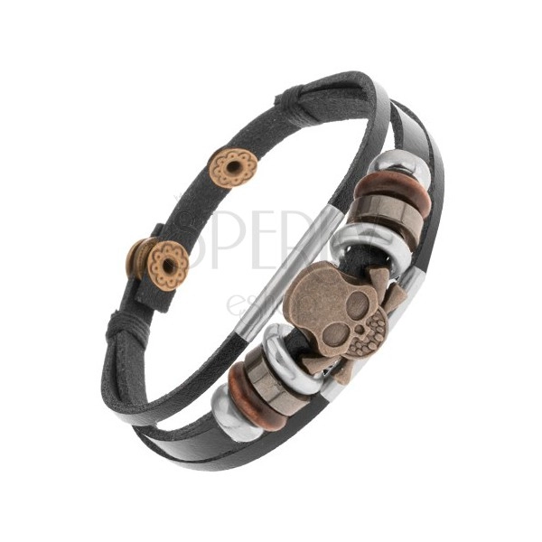 Bracelet of leather strips with beads made of metal and wood, skull 