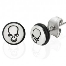 Steel earrings - circle with black skull and rubber band