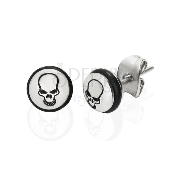 Steel earrings - circle with black skull and rubber band