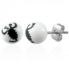 White stud earrings - black scorpion pattern