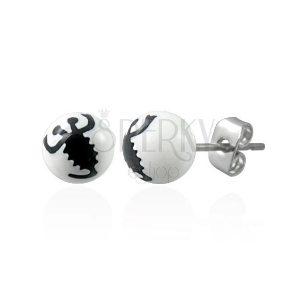 White stud earrings - black scorpion pattern
