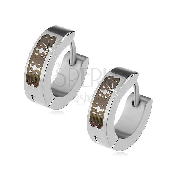 Steel earrings in silver colour - hoops with engraved pattern, hinged snap