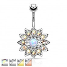 Piercing for belly made of surgical steel, flower with zircons and synthetic opal