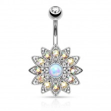 Piercing for belly made of surgical steel, flower with zircons and synthetic opal
