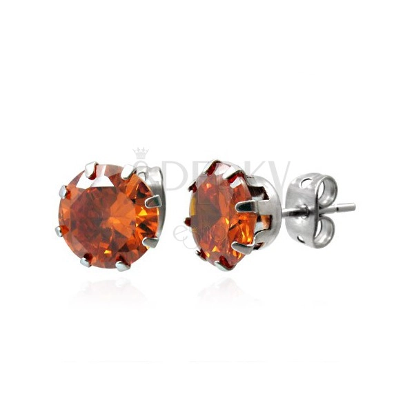 Steel stud earrings with orange stone 8 mm