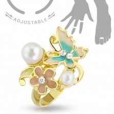 Adjustable finger or toe ring in gold colour, butterfly, flower and pearls