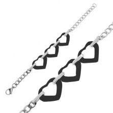 Bracelet made of stainless steel in silver color, three black heart contours made of ceramic