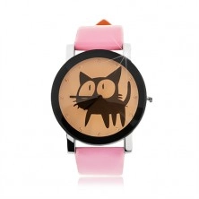 Analogue watch - big dial with black cat and zircons, pink strap