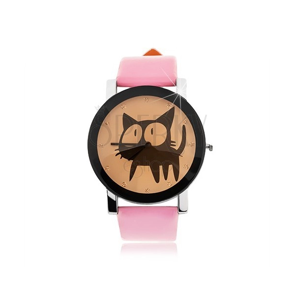 Analogue watch - big dial with black cat and zircons, pink strap