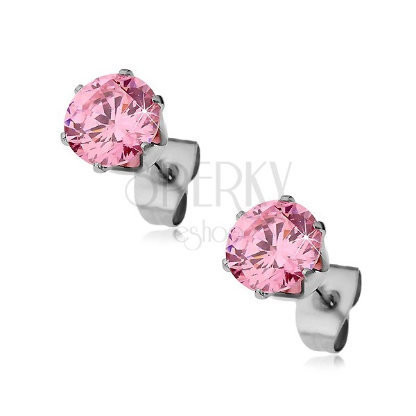 Steel earrings with glossy pink zircon, 7 mm