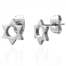 Steel earrings in silver colour - six-point star with round cutout