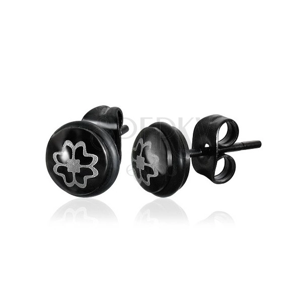 Black stud earrings made of 316L steel, four-leaf clover in silver colour