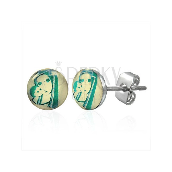Stud earrings made of steel in a silver colour - portrait of Madonna with a child